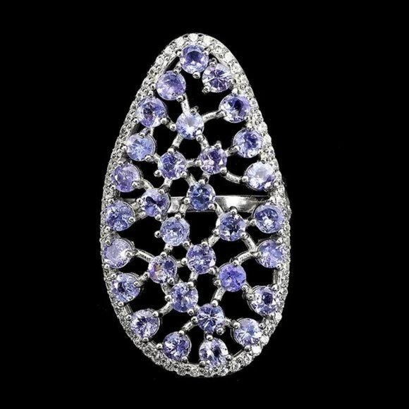 Unheated Round Blue Tanzanite 3mm & Cz 925 Sterling Silver Ring Size 6.75 - Picture 2 of 3